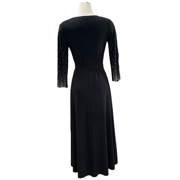 Blk Maxi Dress Rhinestone Cuff Sleeves Belted Elegant Formal Long Sleeve Glam S - Picture 6 of 10